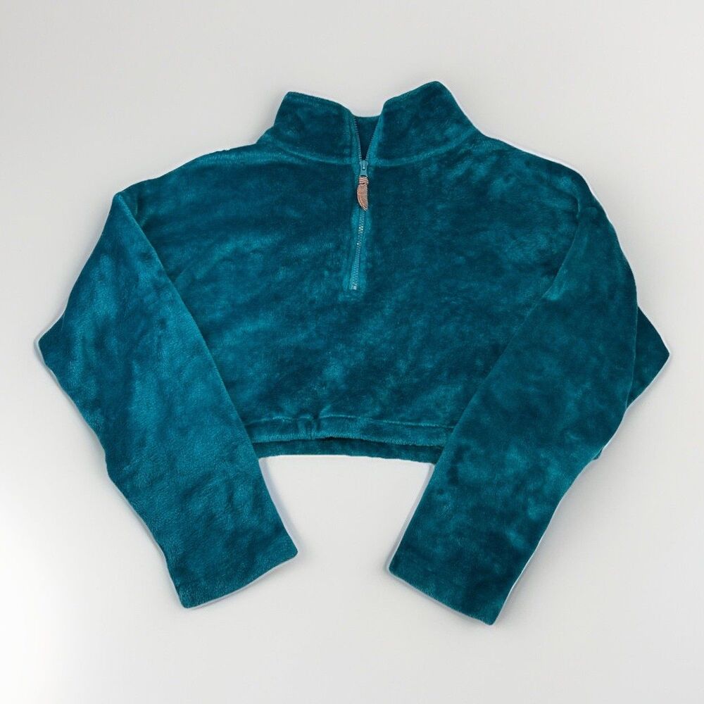 Urban Outfitters Angela Fleece Cropped Pullover Women's Large Teal LS 1/2 Zip